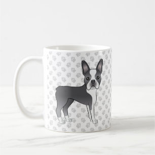Blauer und weißer Boston-Terrier-Cartoon-Hund und  Kaffeetasse
