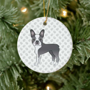Blauer und weißer Boston-Terrier-Cartoon-Hund und Keramik Ornament