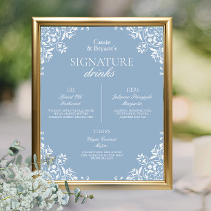 Blauer und weißer Chic Hochzeitssignaturgetränke Poster