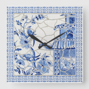 Blauer und weißer Chinoiserie Chic Bird Blumenmosa Quadratische Wanduhr