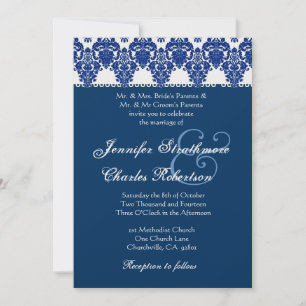 Blauer und weißer Damast Hochzeitsempfang Einladung