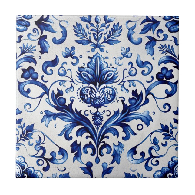Blauer und weißer Delft-Stil Blumenmuster Fliese (Vorderseite)