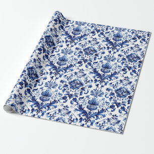Blauer und weißer Delft-Stil Blumenmuster Geschenkpapier