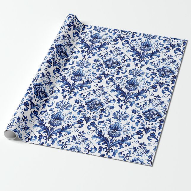 Blauer und weißer Delft-Stil Blumenmuster Geschenkpapier (Ungerollt)