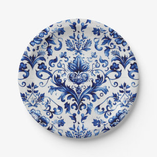 Blauer und weißer Delft-Stil Blumenmuster Pappteller