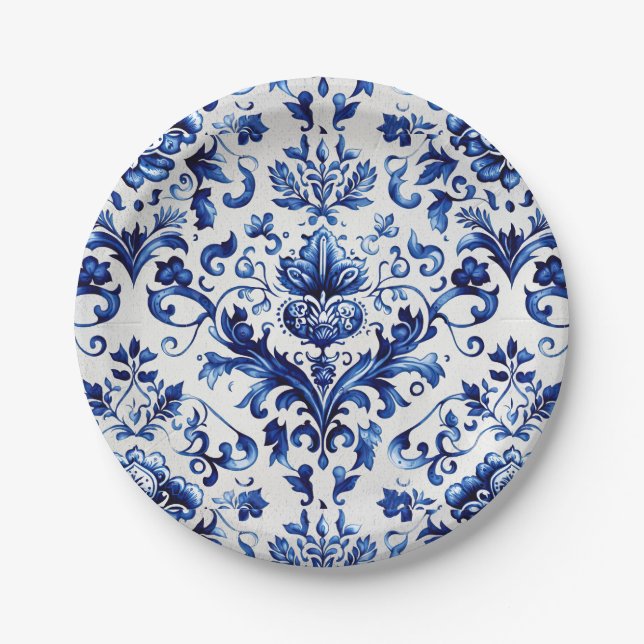 Blauer und weißer Delft-Stil Blumenmuster Pappteller (Vorderseite)