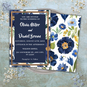 Blauer und weißer Elegant Hochzeit der Blumen Einladung