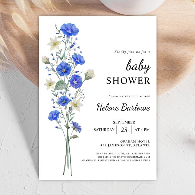 Blauer und weißer Elegante Wildblume Babydusche Einladung (Blue And White Elegant Wildflower Baby Shower Invitation)