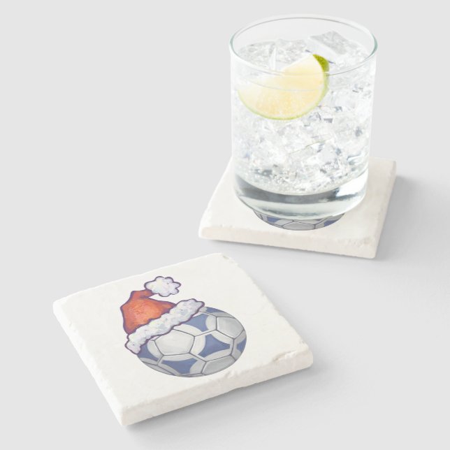 Blauer und weißer festlicher Fußball auf Grün Steinuntersetzer (Seitenansicht)