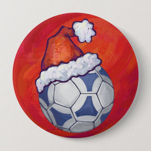 Blauer und weißer festlicher Fußball auf Rot Button (Vorderseite)