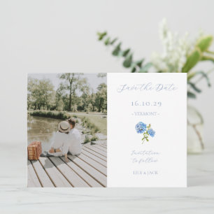Blauer und weißer Foto Floral Hydrangea Save The Date