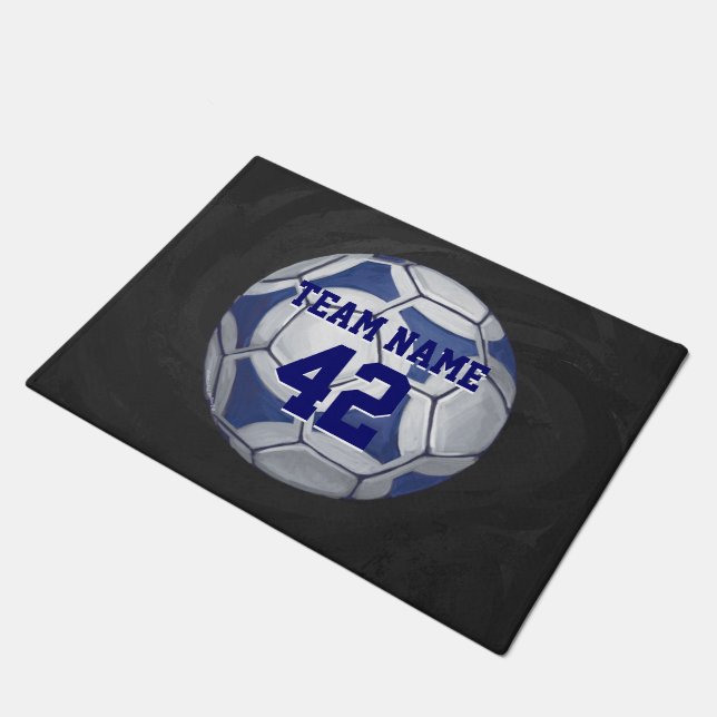 Blauer und weißer Fußball mit Namen Fußmatte (Schrägansicht)