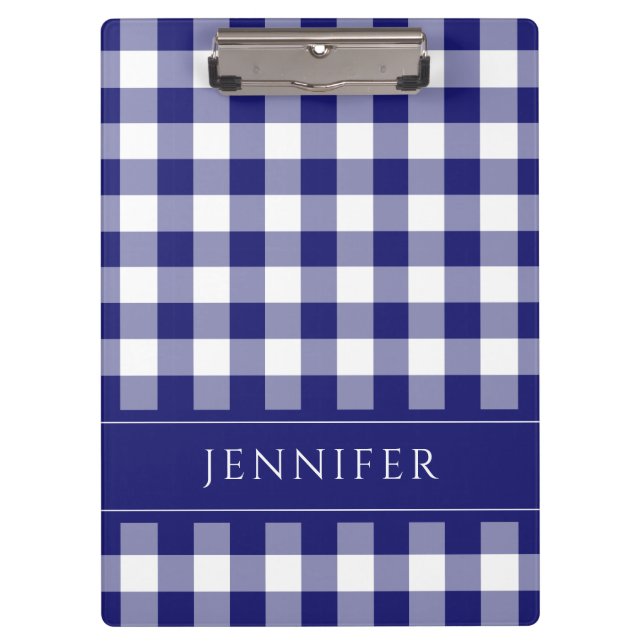 Blauer und weißer Gingham Prüfmuster Name Print Klemmbrett (Vorderseite)