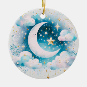Blauer und weißer Halbmond, himmlisch, Boho modern Keramik Ornament