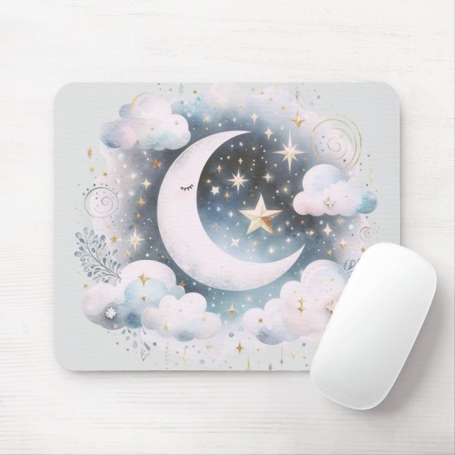 Blauer und weißer Halbmond, himmlisch, Boho modern Mousepad (Mit Mouse)