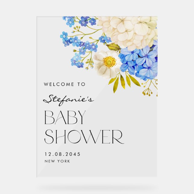 Blauer und weißer Hydrangeas Babydusche Empfang Acrylschild (Vorderseite)