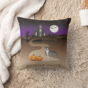 Blauer und weißer Iggy und Halloween Spukhaus Kissen