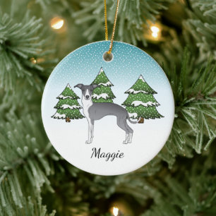 Blauer und weißer Italienischer Windhund im Winter Keramik Ornament