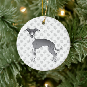 Blauer und weißer italienischer Windhund mit Pfote Keramik Ornament