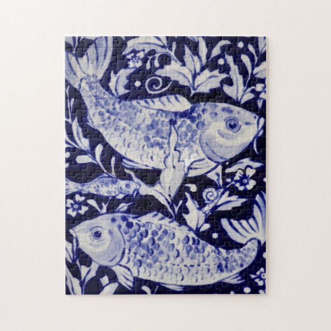 Blauer und weißer Koi Fisch Schwieriges Jigsaw Puz Puzzle (Vertikal)