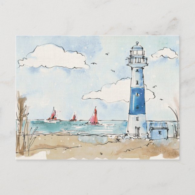 Blauer und weißer Leuchtturm Postkarte (Vorderseite)