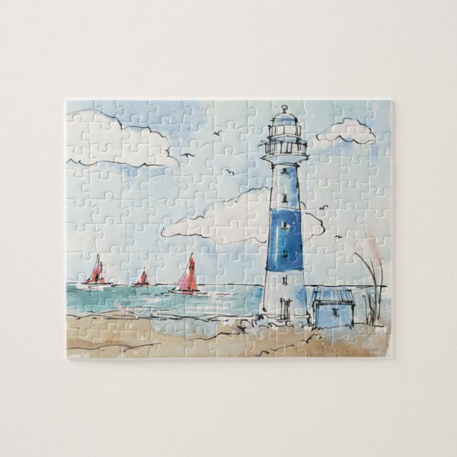 Blauer und weißer Leuchtturm Puzzle (Horizontal)