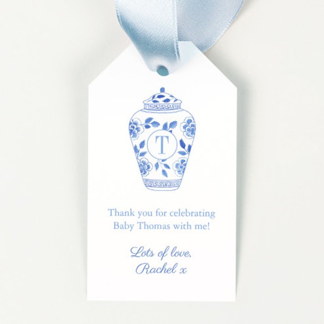 Blauer und weißer Monogram Ginger Jar Baby Dusche Geschenkanhänger (Elegant blue and white watercolor Ginger Jar with monogram baby shower favor tags)
