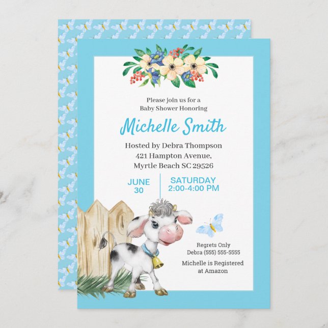 Blauer und weißer Niedlicher Kuhblütendusche Einladung (Vorne/Hinten)