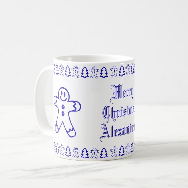 Blauer und weißer Niedlicher Lebkuchen Weihnachtsb Kaffeetasse (Vorderseite Links)