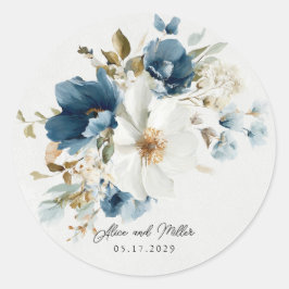 Blauer und weißer Painterly Floral Wedding Runder Aufkleber