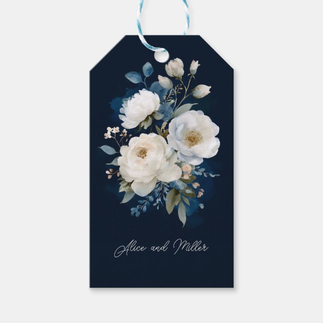 Blauer und weißer Painterly Floral Wedding Vielen  Geschenkanhänger (Vorderseite)