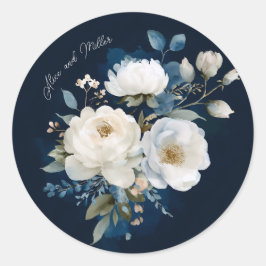 Blauer und weißer Painterly Floral Wedding Vielen  Runder Aufkleber