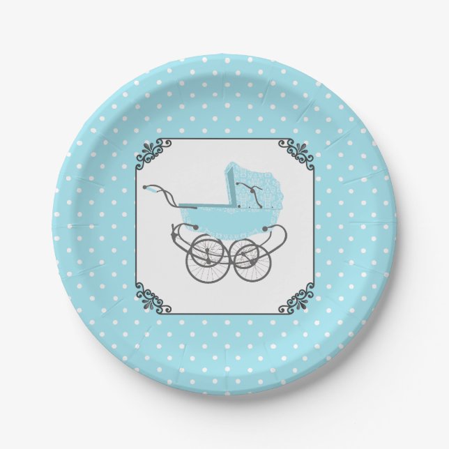 Blauer und weißer Polka Dot Babydusche Papierplatt Pappteller (Vorderseite)