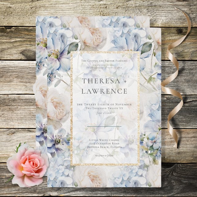 Blauer und weißer, rustikaler goldfarbener Rahmen  Einladung (Von Creator hochgeladen)