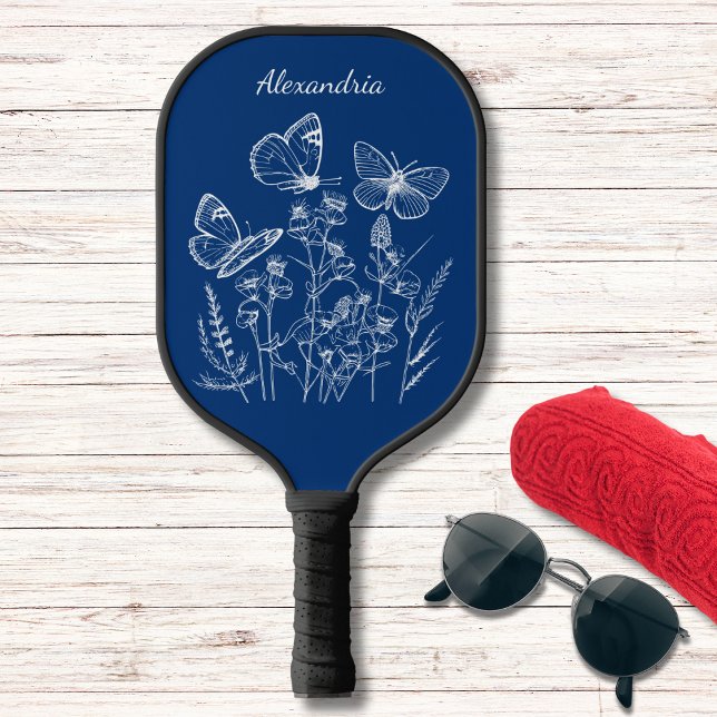 Blauer und weißer Schmetterling in Wildblumen Mono Pickleball Schläger (Available in additional colors. )
