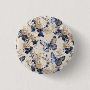 Blauer und weißer Schmetterling und Blumenmuster Button