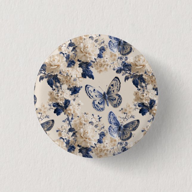 Blauer und weißer Schmetterling und Blumenmuster Button (Vorderseite)