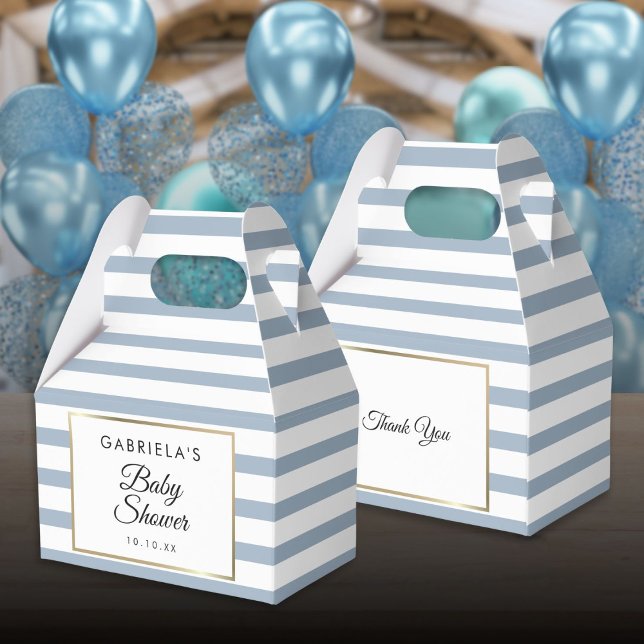Blauer und weißer Streifen Gold Babydusche Geschenkschachtel (Dusty Blue And White Stripe Gold Baby Shower Favor Boxes)