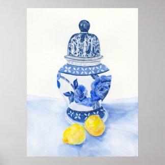 Blauer und weißer Tempel Jar mit Lemons Poster