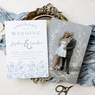 Blauer und Weißer Vintage-Blumenkranz Hochzeitsfot Save The Date