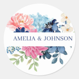 Blauer und weißer Wasserfarben Blütenhochzeit Runder Aufkleber