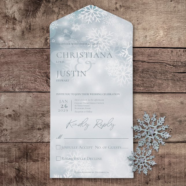Blauer und weißer Winterschnee Modernes Night Dinn All In One Einladung (Blue & White Winter Snow Modern All In One Wedding Invitation without Dinner Options)