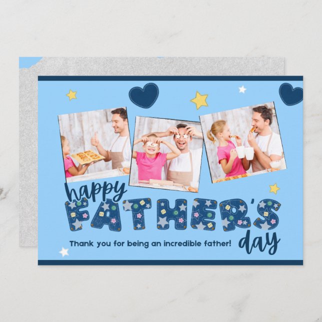 Blauer Vatertag Einladung mit Fotos der Familie (Vorne/Hinten)