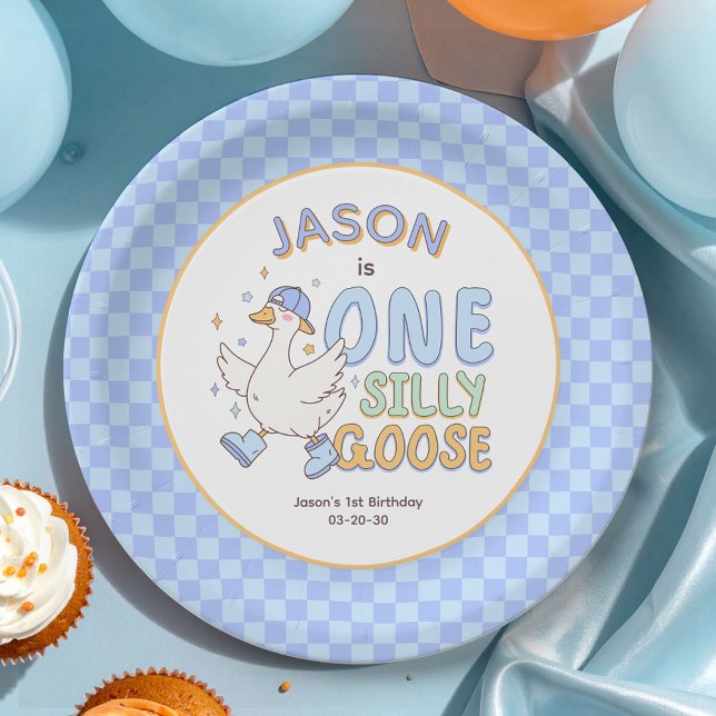 Blauer verrückter Gans - Retro-Junge erster Geburt Pappteller (Blue One Silly Goose Birthday Paper Plates. Girl First Birthday Party Paper Plates.)