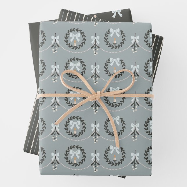 Blauer viktorianischer Mistelzweig und Kranz-Gesch Geschenkpapier Set (Beispiel)