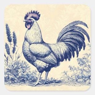 Blauer Vintage-Hahn in einem Blumengarten Quadratischer Aufkleber