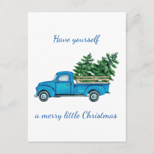 Blauer Vintage-LKW und Karo-Weihnachtsbäume Ankündigungspostkarte