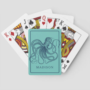 Blauer Vintage-Oktopus, Rahmen, Monogramm Spielkarten