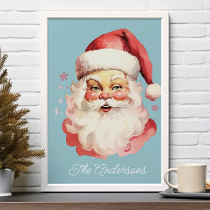 Blauer Vintage Retro Weihnachtsmann Familien Weihn Poster