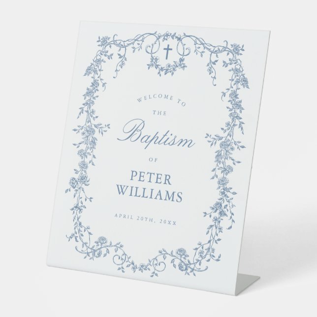 Blauer Vintager Blumenkreuz Begrüßung Sockelschild (Vorderseite)